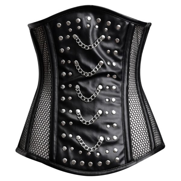 Black leather half bust corset with mesh https://waisttraine.com/