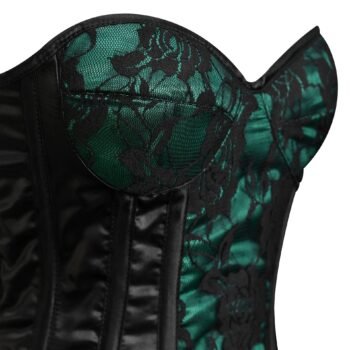 Green and black steel boned overbust corset with mesh https://waisttraine.com/