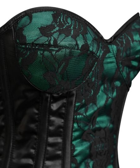 Green and black steel boned overbust corset with mesh https://waisttraine.com/