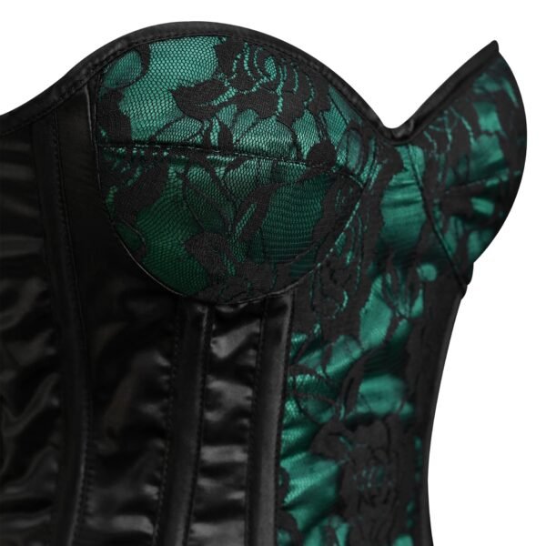 Green and black steel boned overbust corset with mesh https://waisttraine.com/