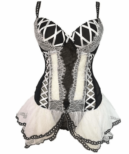 Black and white push up steel boned overbust corset with mesh https://waisttraine.com/