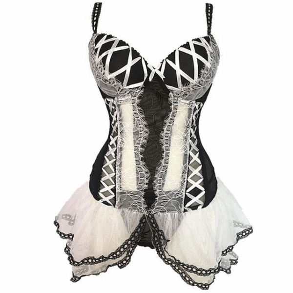 Black and white push up steel boned overbust corset with mesh https://waisttraine.com/
