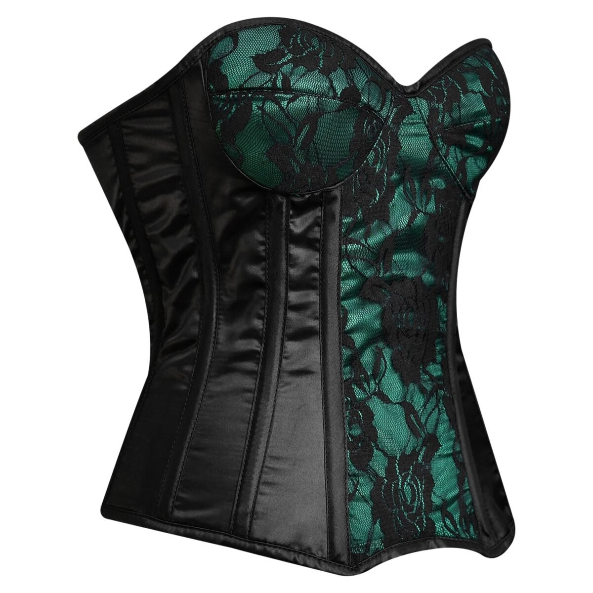 Green and black steel boned overbust corset with mesh https://waisttraine.com/