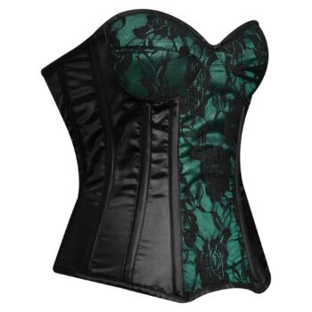 Green and black steel boned overbust corset with mesh https://waisttraine.com/