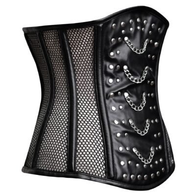 Black leather half bust corset with mesh https://waisttraine.com/