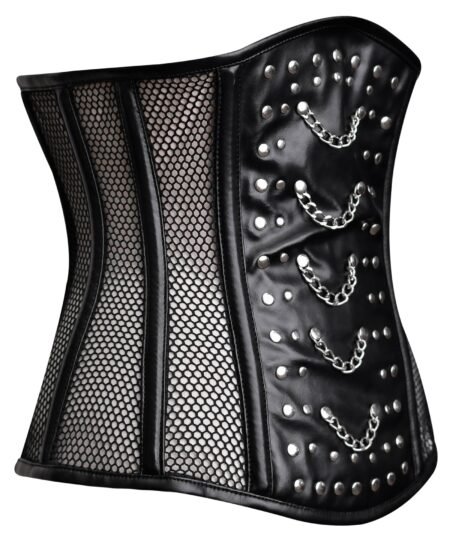 Black leather half bust corset with mesh https://waisttraine.com/