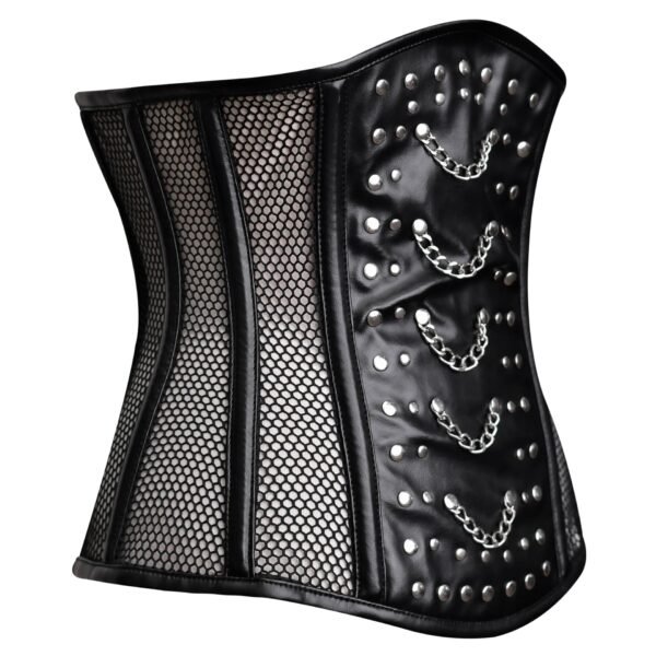 Black leather half bust corset with mesh https://waisttraine.com/