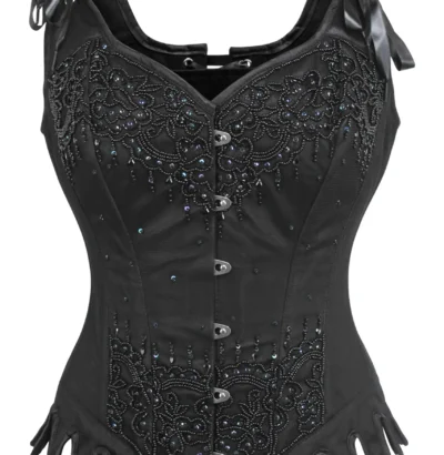 Black Satin Fancy Fashion Corset With Shoulder Straps