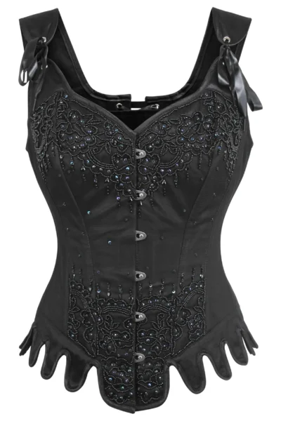 Black Satin Fancy Fashion Corset With Shoulder Straps