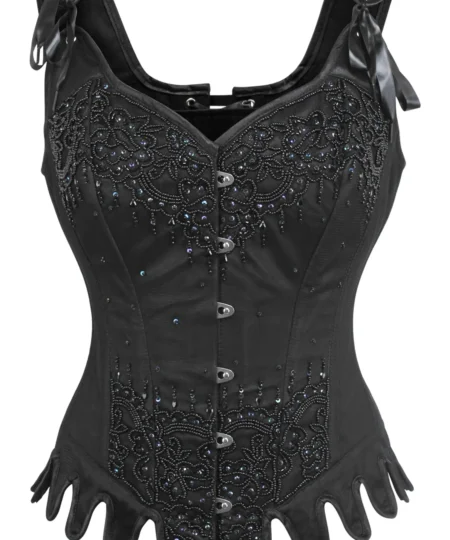 Black Satin Fancy Fashion Corset With Shoulder Straps