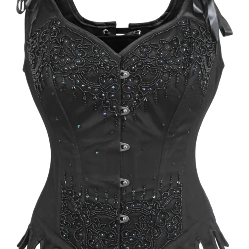 Black Satin Fancy Fashion Corset With Shoulder Straps