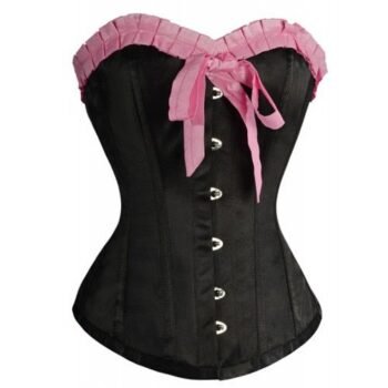 Black Satin Overbust Waist Corset With Pink Frill