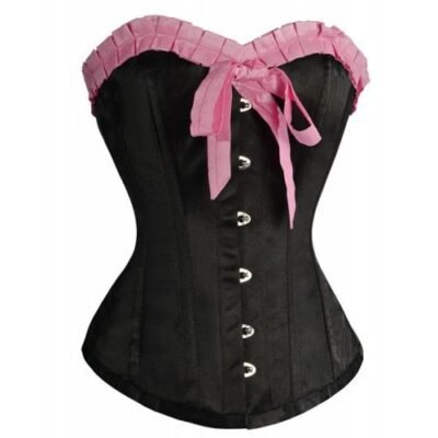 Black Satin Overbust Waist Corset With Pink Frill