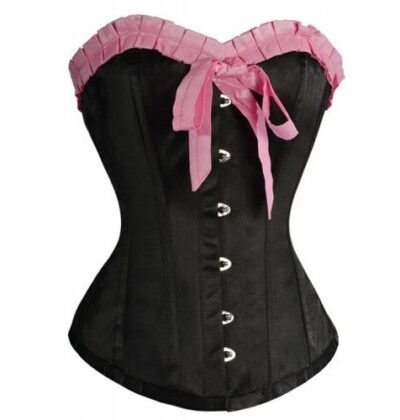 Black Satin Overbust Waist Corset With Pink Frill