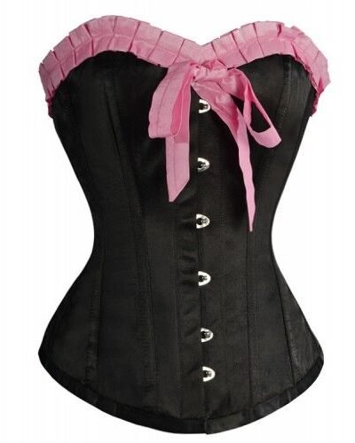 Black Satin Overbust Waist Corset With Pink Frill