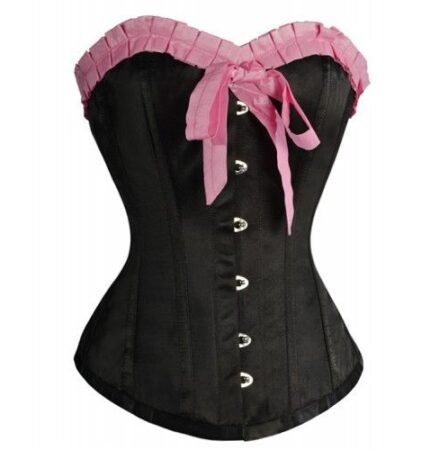 Black Satin Overbust Waist Corset With Pink Frill