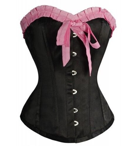Black Satin Overbust Waist Corset With Pink Frill