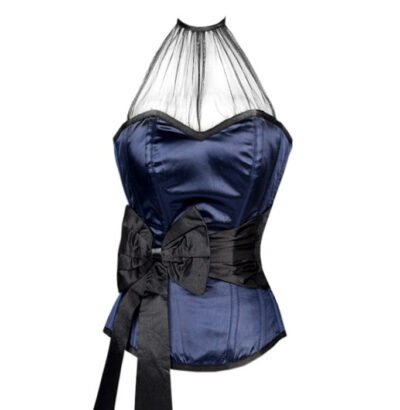 Blue Overbust Satin Fashion Corset With Black Sash