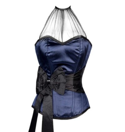 Blue Overbust Satin Fashion Corset With Black Sash