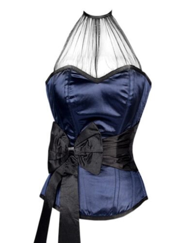Blue Overbust Satin Fashion Corset With Black Sash
