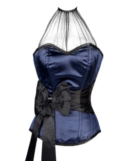 Blue Overbust Satin Fashion Corset With Black Sash