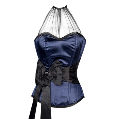 Blue Overbust Satin Fashion Corset With Black Sash