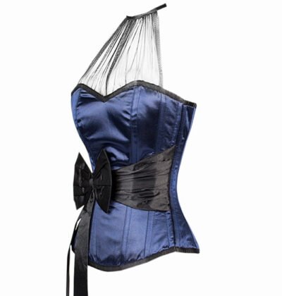 Blue Overbust Satin Fashion Corset With Black Sash