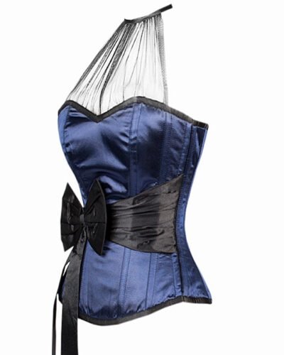 Blue Overbust Satin Fashion Corset With Black Sash