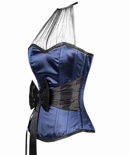 Blue Overbust Satin Fashion Corset With Black Sash