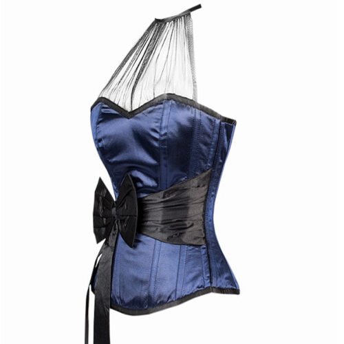 Blue Overbust Satin Fashion Corset With Black Sash