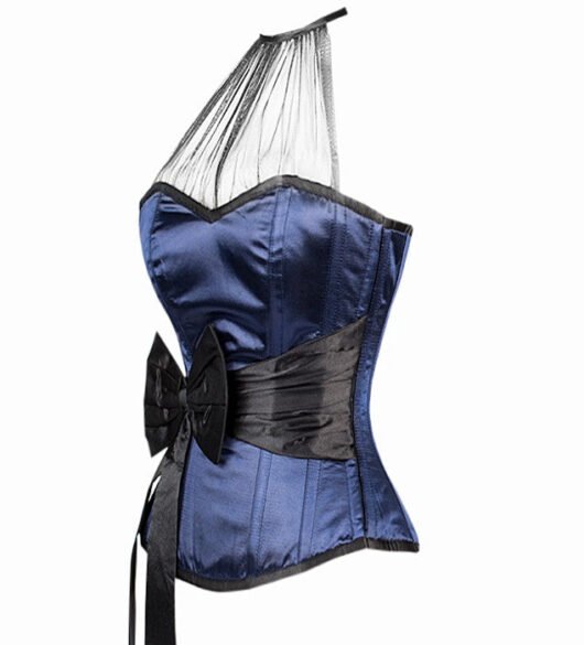 Blue Overbust Satin Fashion Corset With Black Sash
