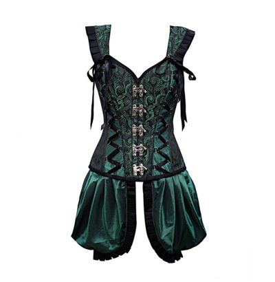 Green Shoulder Straps Brocade Corset With Gathered Satin