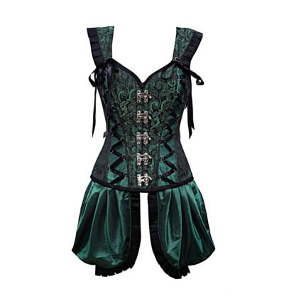 Green Shoulder Straps Brocade Corset With Gathered Satin