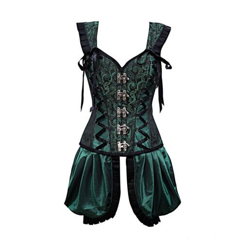 Green Shoulder Straps Brocade Corset With Gathered Satin