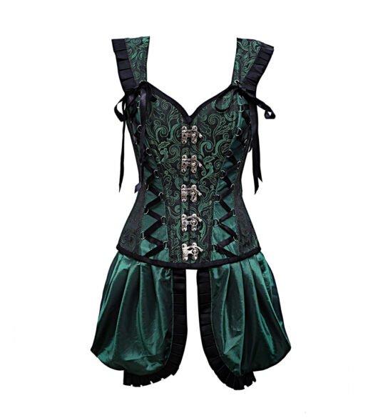 Green Shoulder Straps Brocade Corset With Gathered Satin