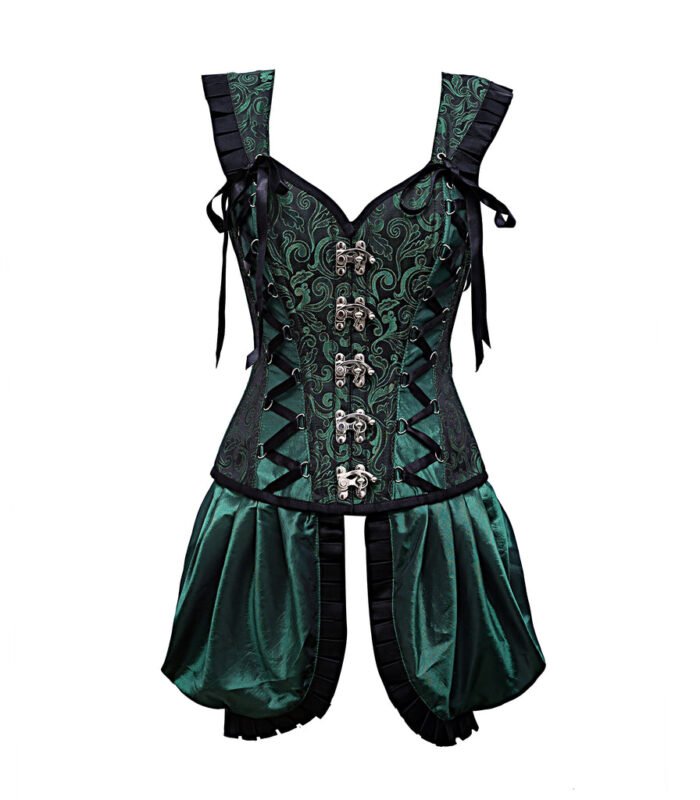 Green Shoulder Straps Brocade Corset With Gathered Satin