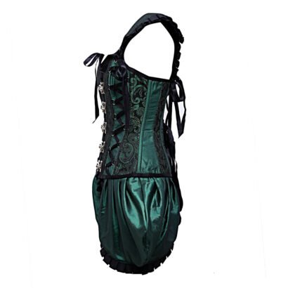 Green Shoulder Straps Brocade Corset With Gathered Satin