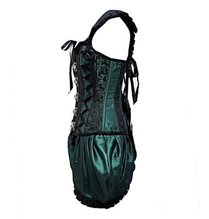 Green Shoulder Straps Brocade Corset With Gathered Satin