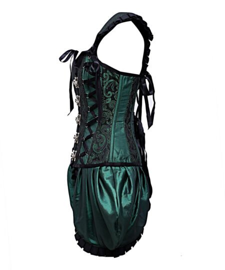 Green Shoulder Straps Brocade Corset With Gathered Satin