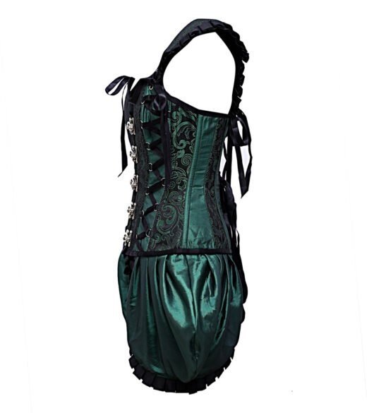 Green Shoulder Straps Brocade Corset With Gathered Satin