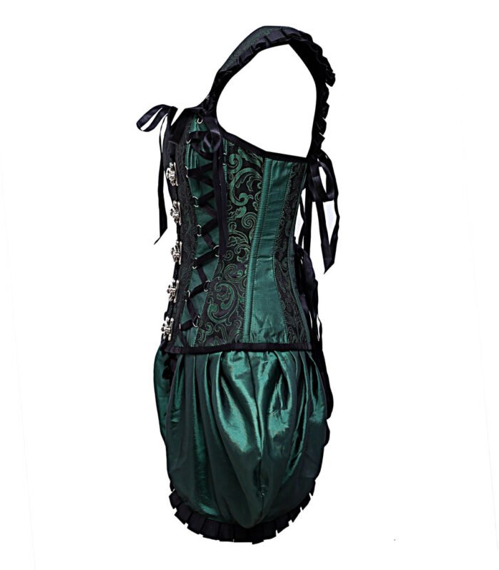 Green Shoulder Straps Brocade Corset With Gathered Satin