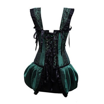 Green Shoulder Straps Brocade Corset With Gathered Satin
