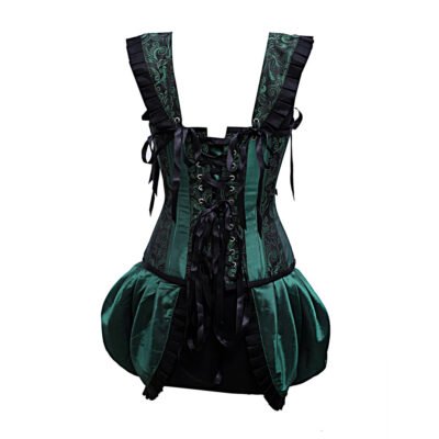 Green Shoulder Straps Brocade Corset With Gathered Satin