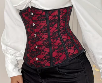 Red lace waist training corset with black lace overlay and front busk closure