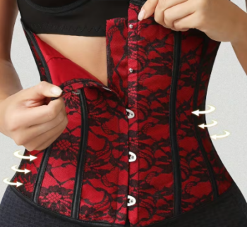Red lace waist training corset with black lace overlay and front busk closure