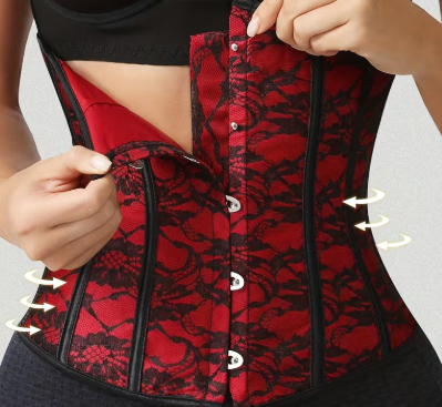 Red lace waist training corset with black lace overlay and front busk closure