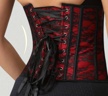 Red lace waist training corset with black lace overlay and front busk closure