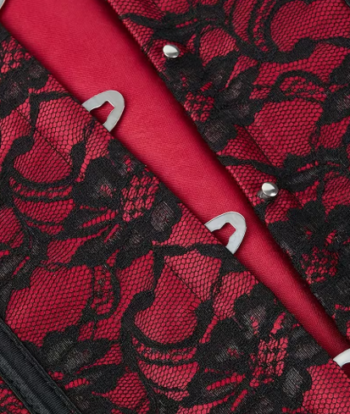 Red lace waist training corset with black lace overlay and front busk closure